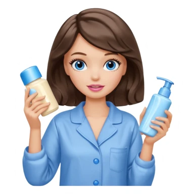 Barbie girl with makeup, blue eyes , and bob long haircut wavy, short brown hair in creamy color pajamas, face cream in hand sticker