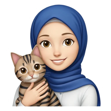 White girl wearing dark blue hijab with white shirt smiling while holding a black stripes tabby cat sticker