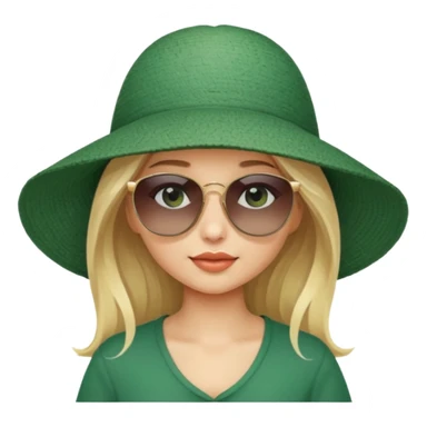 
blonde girl in dark green beach big hat adjusting sunglasses sticker