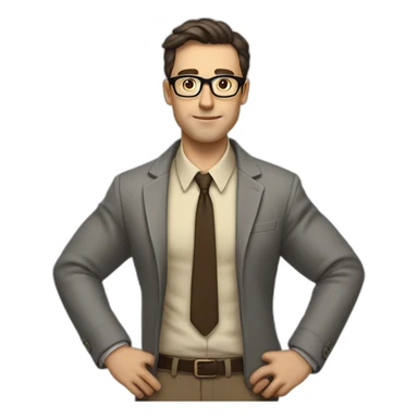 Full height Actively gesturing with hands Pale skinned fit man with dark brown hair in gray jacket, beige office shirt, brown tie, brown pants and vintage glasses. sticker