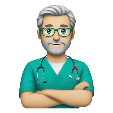 male dark blond with grey beard doctor with blue-green eyes and wire-rimmed glasses in teal scrubs holding a paintbrush and a jigsaw sticker