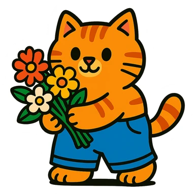 a chubby kitten in pants with a bouquet of flowers sticker