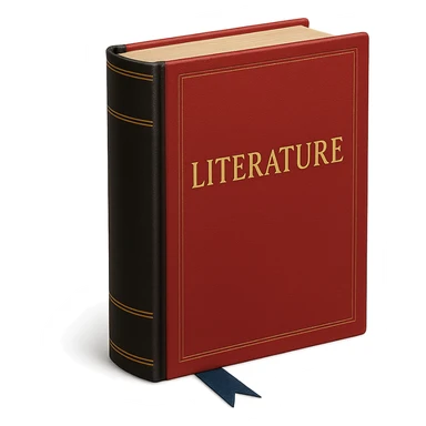 Book with red cover, gold lettering, black spine, blue bookmark, elegant literary style sticker