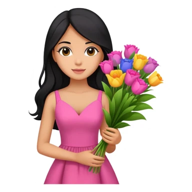 beautiful girl with long black hair wearing pink dress holding a colorful bouquet of flowers sticker