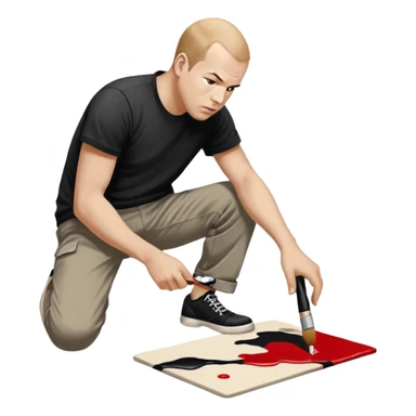 Jackson pollock the abstract artist leaning over to flick black white and red paint from a brush onto a canvas at his feet on the ground sticker