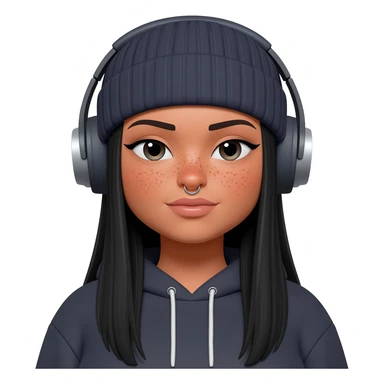 White curvy female with freckles, long straight black hair wearing a beanie and hoodie and nose pierced listening to music sticker