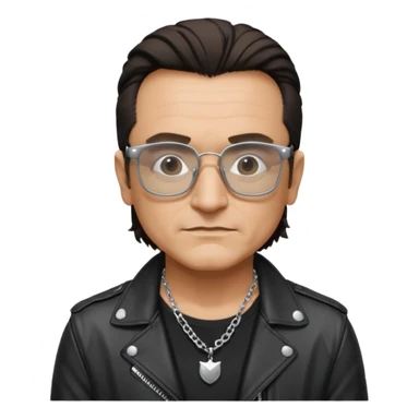 Bono with black glasses, shirt with silver necklace, black leather jacket  sticker