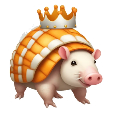 Orange and white piebald chubby round armadillo pig panda centipede armadillo wearing a crown sticker