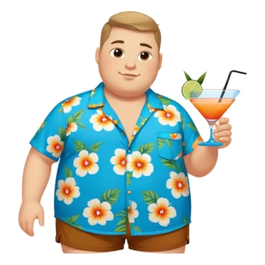 chubby guy full figure in a flowered azure havai shirt, brown shorts and flippers holding a cocktail sticker
