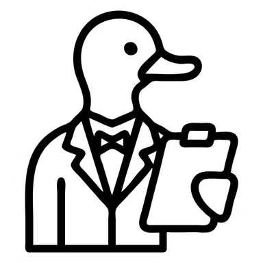 duck with a bow tie and lab coat, holding a clipboard, icon style, modern and minimal, easy to identify at small sizes sticker