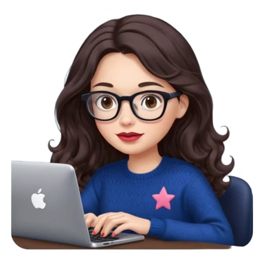 a white young woman with very long wavy dark brown/chocolate hair typing in a computer. she's using glasses, her lips are light red and her cheeks slightly pink. Her eyes are dark brown. She's using a dark blue knit sweater that has a tiny star in the middle   sticker