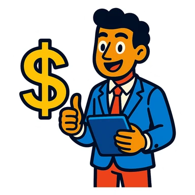 vibrant cartoon style entrepreneur with tablet and dollar symbol sticker