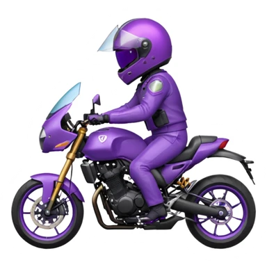 Créer un emoji avec une moto mt07 sport noir mate / violet iridescent très foncé. Avec une pilote dessus visière violet sombre faceless, bulle de la moto violet. Avec fond arrière violet, tenue complète casque inclus violet  sticker