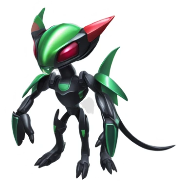 a shiny metallic black Genesect-Flygon-Raptor-Fakémon-Medabot-hybrid with a futuristic visor-helmet full body sticker