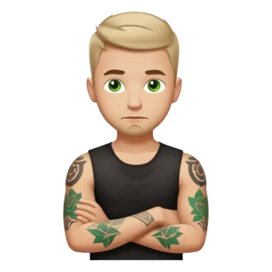 White young man with short dark taper fade hair cut and slight goatee and neutral expression with his arms folded. Green eyes and arm tattoos sticker