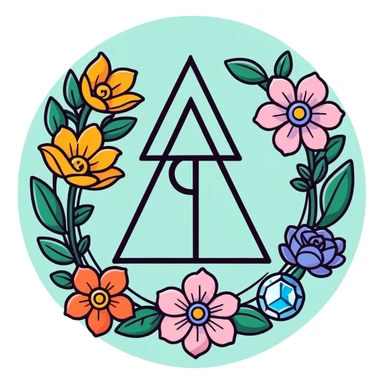 Crystal with rune among flowers and colourful crystals  sticker