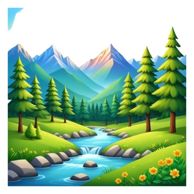 nature landscape with mountains, trees, and sun sticker