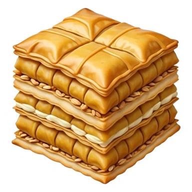 Cinematic Realistic Baklava Dessert Emoji, depicted as layers of flaky pastry with honey and nuts rendered with rich textures and warm, inviting lighting. sticker