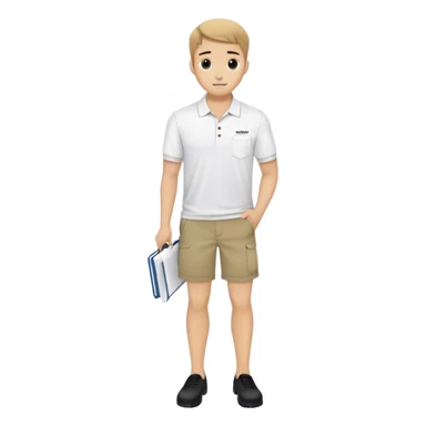 Pool attendant. white polo shirt. khaki shorts. black.  writing on paper sticker