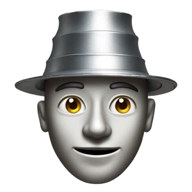 a man made entirely of tin, with a gleaming metallic body composed of smooth, jointed plates, a round head featuring simple facial details, a funnel-shaped hat on top sticker