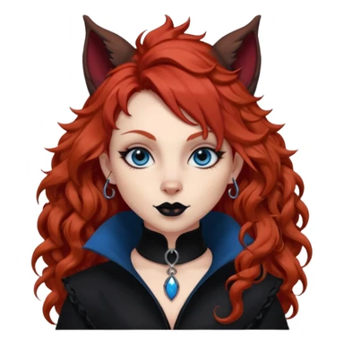  long curly red hair (darker), red pointed ears with black trim, black goth outfits, body and face human, blue eyes, more pointy chin, black lipstick, one big fluffy red squirrel tail with black tips, like the attached photo with more outfits and poses,  sticker