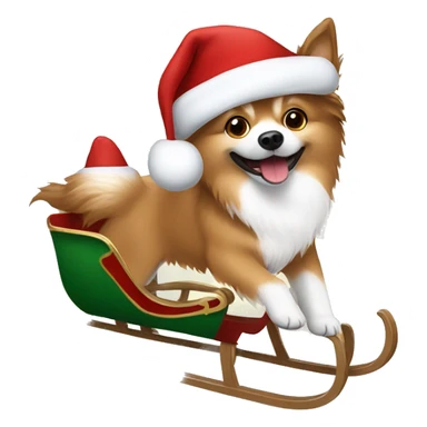 Brown and white German spitz riding on a sleigh wearing a Santa hat sticker