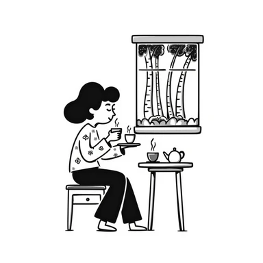 A woman enjoying tea by a window with a forest view sticker