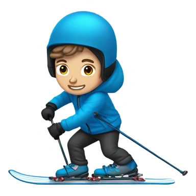 white Boy with wavy brown hair skiing with blue skis. He is wearing all black snow pants and a GRAY jacket   sticker