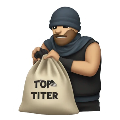 Thief stealing a bag of money that has the word Toptier embroidered on it sticker