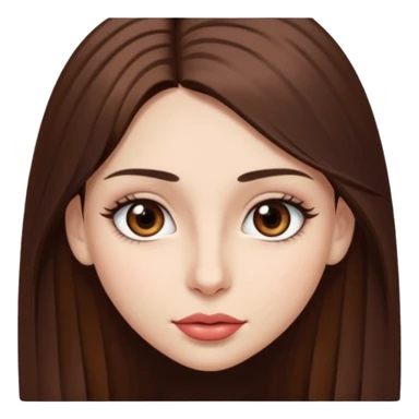 Una chica con piel muy clarita con pleo liso largo de color castaño y unos ojos marrones oscuro y labios grandes y nariz bonita y con unas pestañas sticker