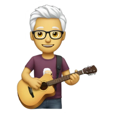 guy with glasses white hair playing guitar with programming shirt sticker