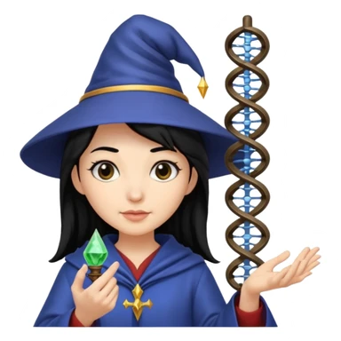 Female wizard with black hair holding a double helix DNA in her hand sticker