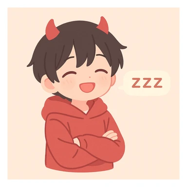 anime teenager with short black hair, red eyes, wearing a red hoodie and red devil horns, three ZZZ's in a horizontal speech bubble, falling asleep sticker