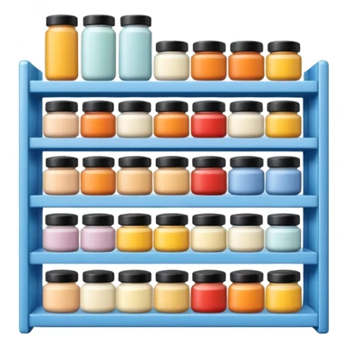 Japanese brand creams displayed on a storage shelf, arranged with horizontal variation and vertical consistency, with identical items placed directly behind one another. sticker