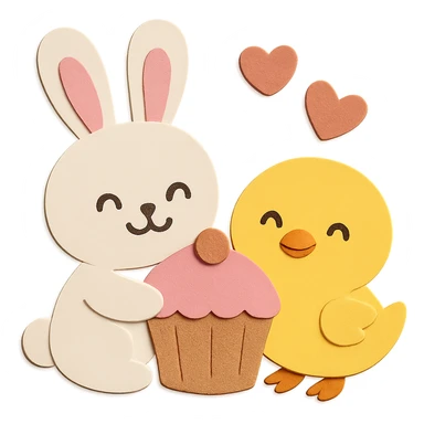 Make both the bunny and chick have happy, smiling faces, keep the paper-craft style and color palette sticker