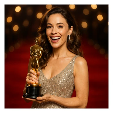 a Hollywood film star holding an Oscar trophy, sparkling dress, joyful expression sticker