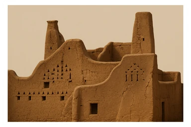 Make the mud building house look older with weathered textures, cracks, and signs of age. Keep the boxy shape and authentic details intact. Front view only, no sky or sunset in the background. Style should reflect a realistic aged mud building house. sticker