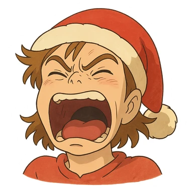 ghibli style expressive screaming face wearing a Santa hat sticker