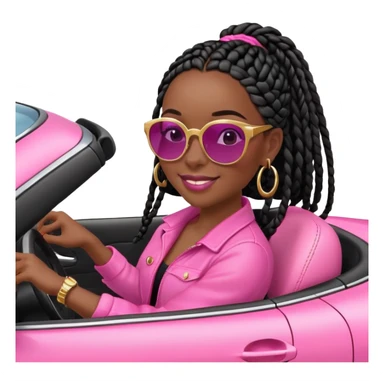 A dark-skinned Black woman with black box braids, driving a pink car sticker