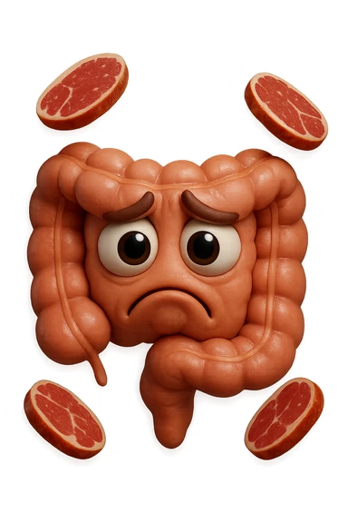 emoji stile iphone in 3d di un intestino triste con fette di carne che gli fluttuano intorno, gli occhi falli con la parte bianca pure, iperrealistico 4k sticker