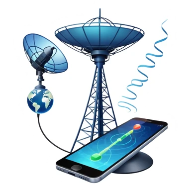An icon featuring a satellite dish, a cell tower emitting signals, and a smartphone displaying a chat interface. The design includes fiber-optic cables and data waves, symbolizing global communication, connectivity, and information exchange. Transparent background. sticker