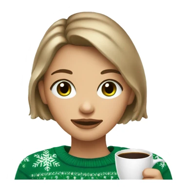Light brown short haired girl with green eyes drinking coffee wearing blue Christmas sweater sticker