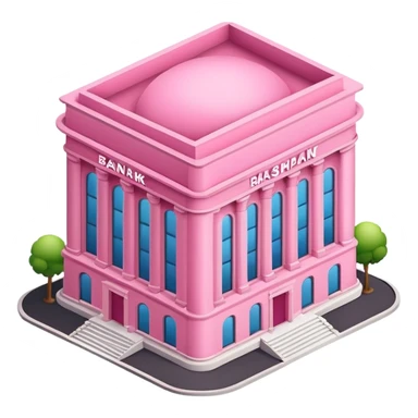 isometric style large pink building or bank with tall rectangular windows and round groundplan, emoji style sticker
