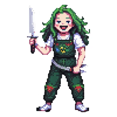 pixelated savage person in 1988 fashion with neon colors, holding knife, wicked laugh sticker