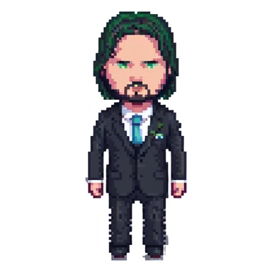 John Wick, action hero, dark suit, intense expression, pixel art style sticker
