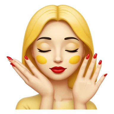 Standard yellow emoji face with closed eyes forming upward curved lines, visible eyelashes, pursed lips with red lipstick, and a hand showing only the thumb out with all other fingers closed against the palm, painted nails sticker