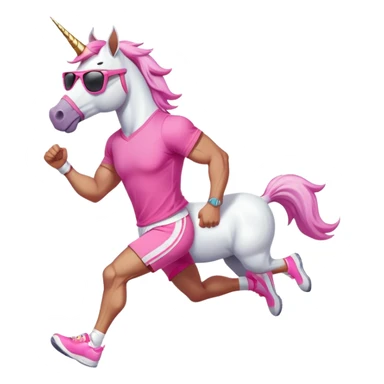 full body friendly anthropomorphised masculine unicorn with white horse-like face, muscular build, wearing pink t-shirt, shorts, trainers, dark sunglasses, running in a relaxed pose sticker