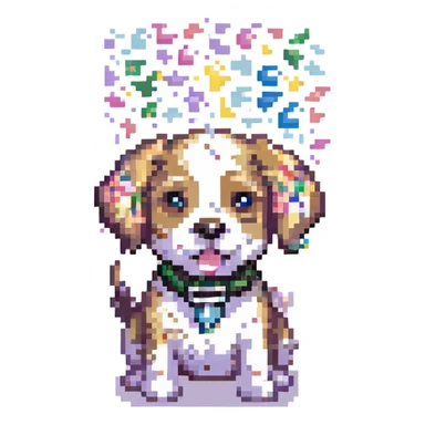 pixel art dog bursting with confetti and sparkles, cute and funny sticker