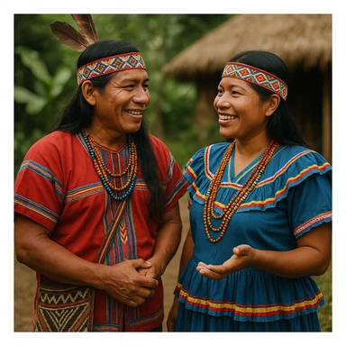 Two indigenous people from Costa Rica, a man and a woman, chatting together with details of culture and traditional Costa Rican clothing. sticker