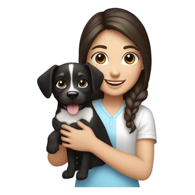 happy brunette girl with blue eyes holding a small black and white dog sticker